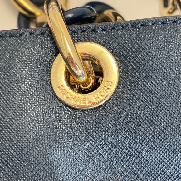 Michael Kors Navy Blue Saffiano Leather Cynthia Tote with Gold Hardware - Picture 14 of 16
